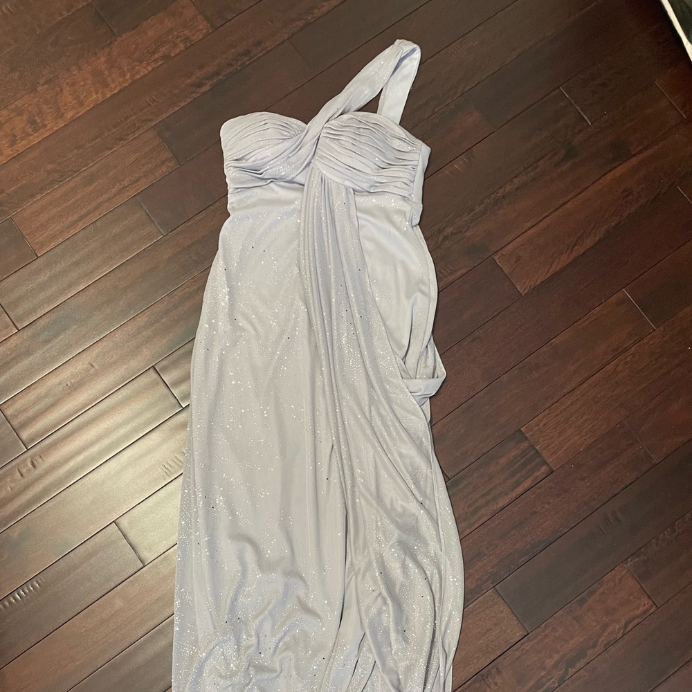 One Shoulder Gray Blondie Nites Gown with Silver Sparkles